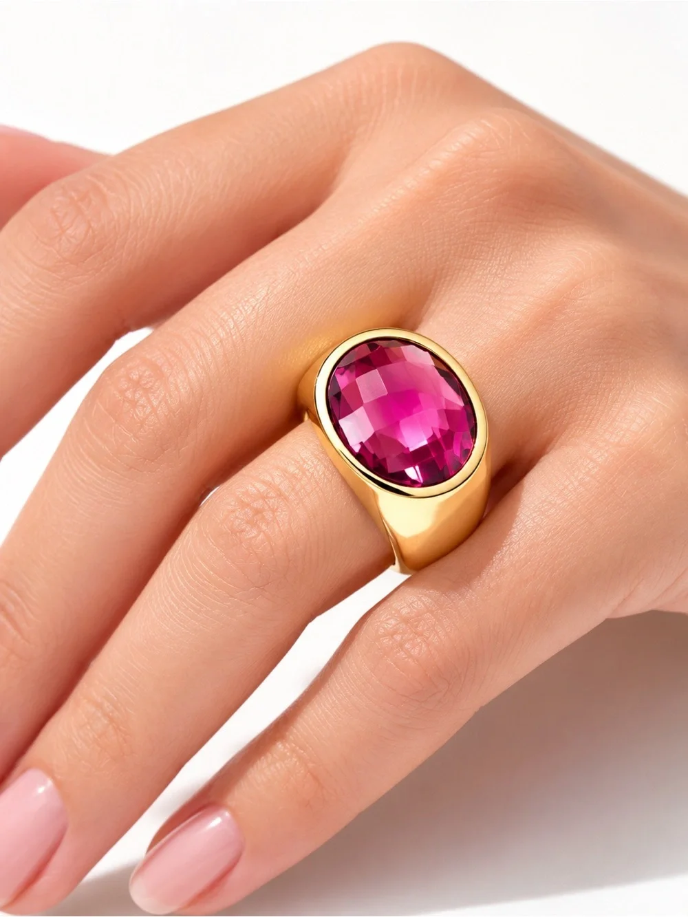 18K Gold Plated Pink Gemstone Statement Ring Stainless Steel Size 7.5 NWT